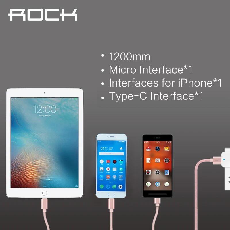 ROCK 3 в 1 USB кабель для iPhone/Micro/type C, многофункциональный зарядный кабель