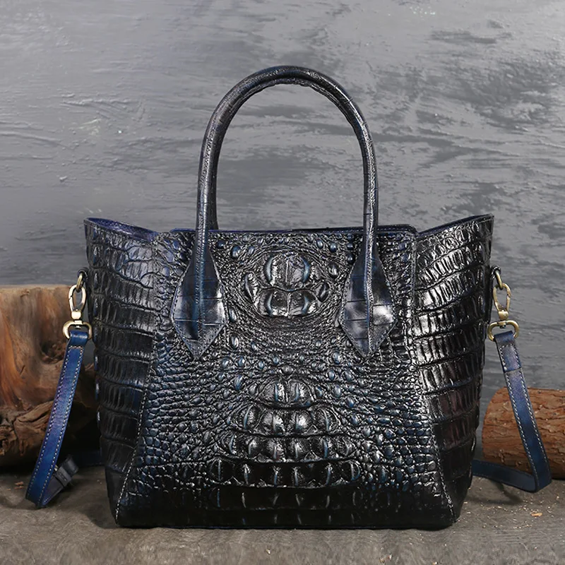 Женская сумка-тоут из воловьей кожи с масляным воском через плечо с узором «крокодиловая кожа», роскошная женская сумка-мессенджер на плечо с верхней ручкой из натуральной кожи - Цвет: Blue