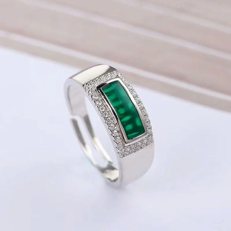 

RADHORSE 925 Silver Rings for Women Fine Jewelry Italy crafts natural Green Chalcedony rectangle gem ring Adjustable Silver