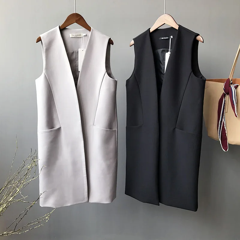 

2019 Spring Korean Simple Long Blazer Vest Women Casual Waistcoat Pocket Female Gray Black Slim Sleeveless Suit Coat