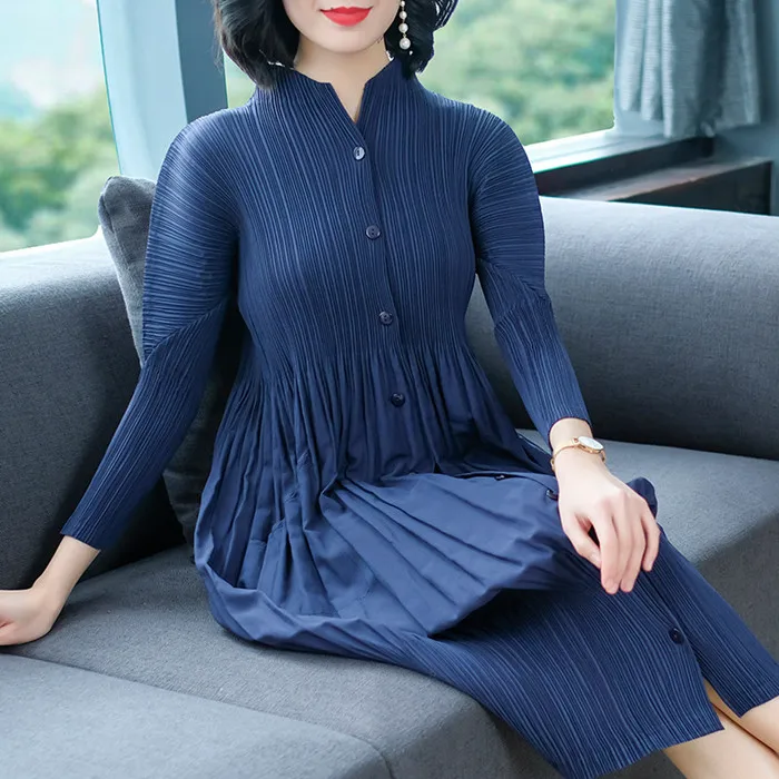 Размера плюс платье Офисные женские туфли новые весенние Для женщин Однобортный Модные Высокая талия 3/4 рукав сплошной цвет Miyake плиссированное платье - Цвет: Dark blue