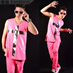 ファッション男性鏡面クロス ネオン ピンク hiphop ベスト紳士服衣装