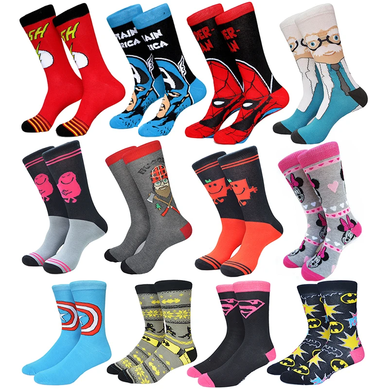 2016 Fashion USA Cartoon Brand Mens Sock Superheroes Simpsons Family Skate Tube Funny Socks Cotton Knee High Sox Men 565w