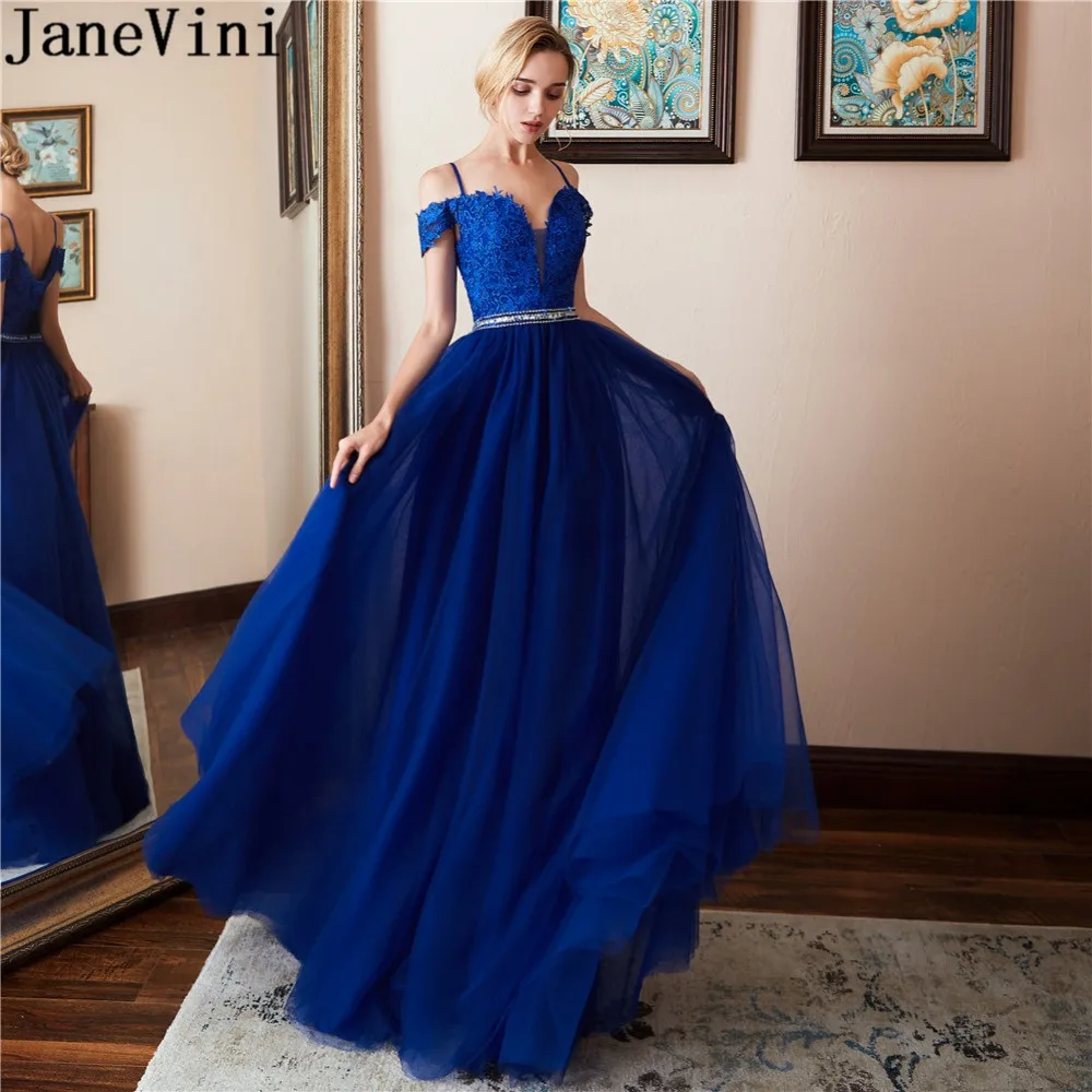 

JaneVini Elegant A Line Royal Blue Prom Dresses Spaghetti Straps Appliques Beaded Backless Tulle Prom Dress Woman Vestido Baile