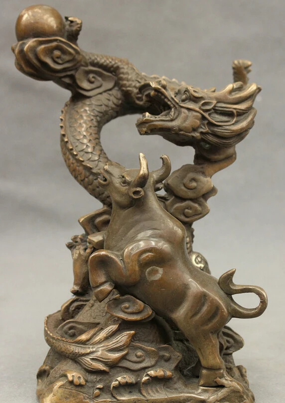 

S3256 10" Chinese Bronze Copper Year Zodiac Wealth Fly Dragon Ball Up Bull Ox Statue D0318