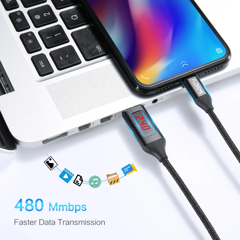 FLOVEME LED Digital Micro USB Cable Type-C Charger V/A Display Charge Data Braided Cable For Samsung Xiaomi USB-C Cable Cargador