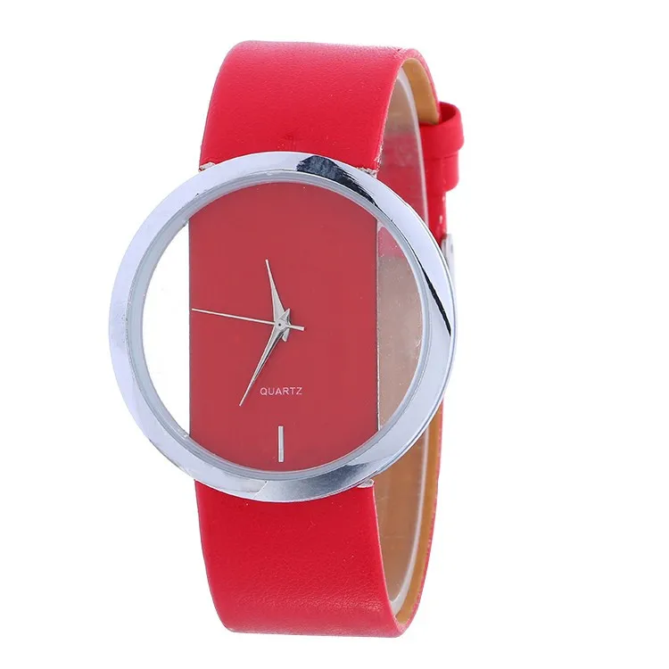 

100pcs/lot Exquisite Hollow Dial Leather Watch For woman Ladies Transparent Quartz Wristwatch Leather Strap Dress Watches
