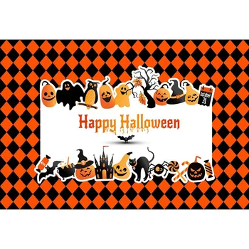 

Orange And Black Square Photography Background Pumpkin Cat Bat With Ghost And Spider Backdrop For Halloween Party Photo Props