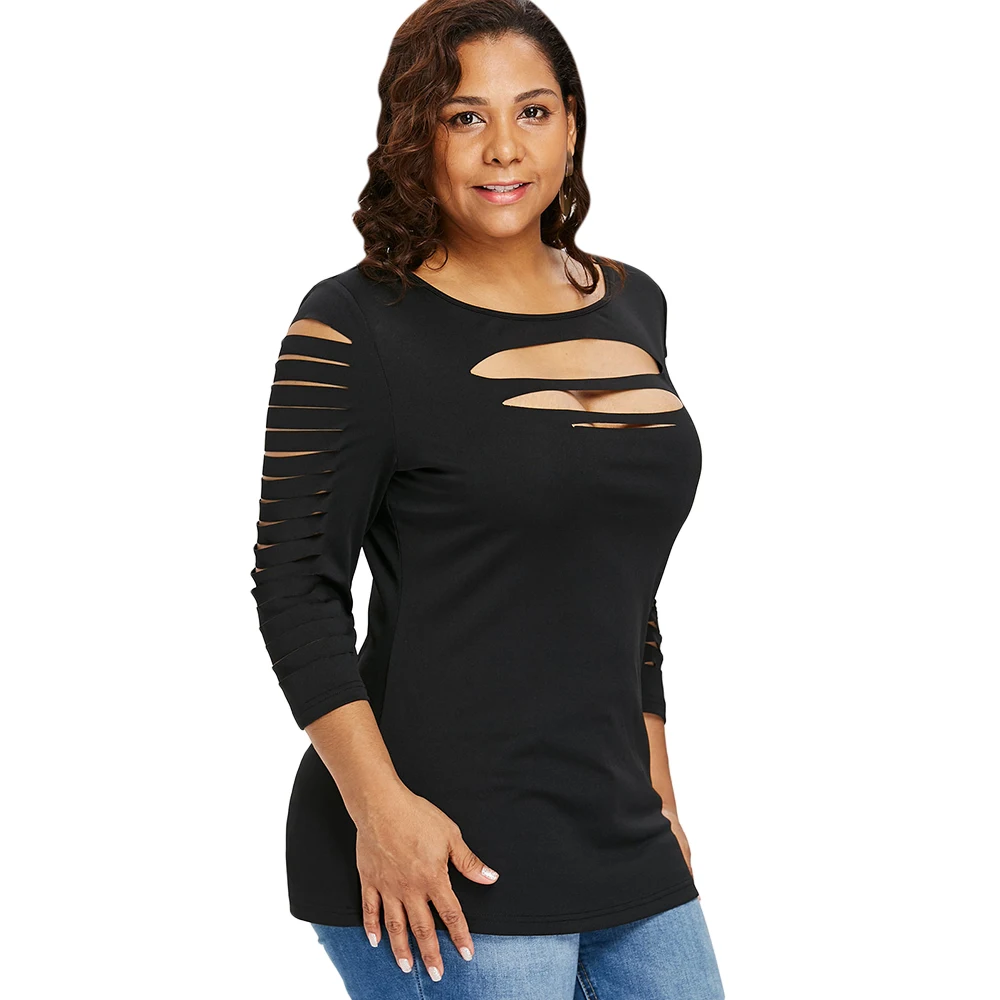 

Plus Size 5XL Three Quarter Sleeve Shredding Cut T-Shirt Women T Shirts Casual Spring New Fashions Ladies Tops Autumn Pullovers