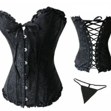 Сексуальное женское белье, стальной бюстье, черный атласный корсет с вышивкой, корсеты+ стринги размера плюс S M L XL XXL 3XL 4XL 5XL 6XL 8XL