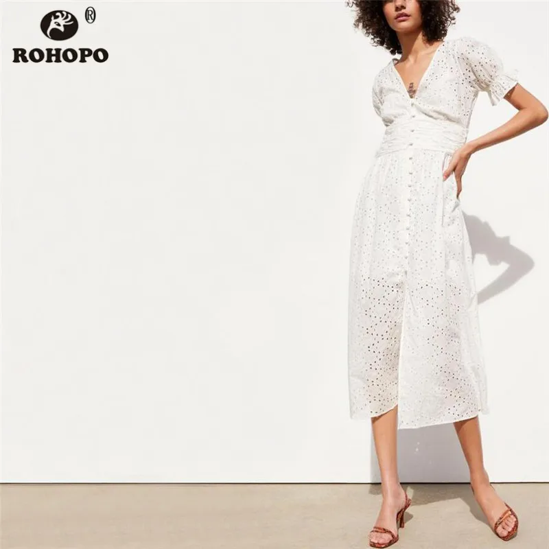 

ROHOPO Summer Cotton White Pleated Dress Hollow Preppy Girl Cute Tunic Lace Buttons Fly Maxi Dress Embroidery Floral #CW9071