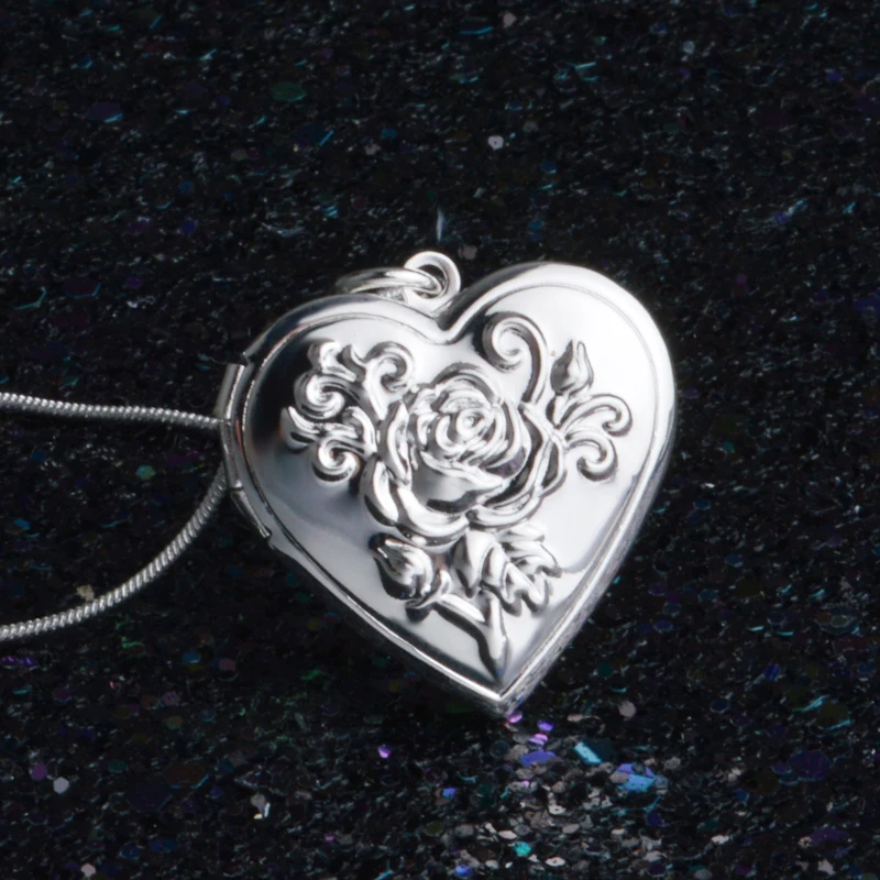 Classic Vintage Rose Flower 925 Sterling Silver Needle Locket Double Heart Necklace Photo El Collar Pendant Women' Best Gift