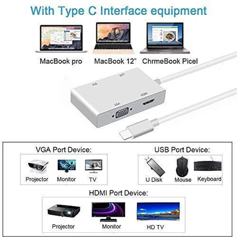 Type c для HDMI VGA DVI USB Silver 4 в 1 Мини концентратор кабель конвертер многопортовый HD