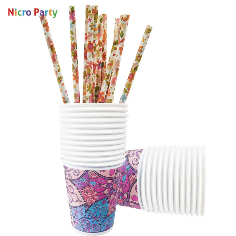 Nicro цветочные чайные вечерние принадлежности для украшения, набор одноразовых бумажных тарелок, чашка, столовая посуда из соломы, для пикника, свадьбы, дня рождения# Set71