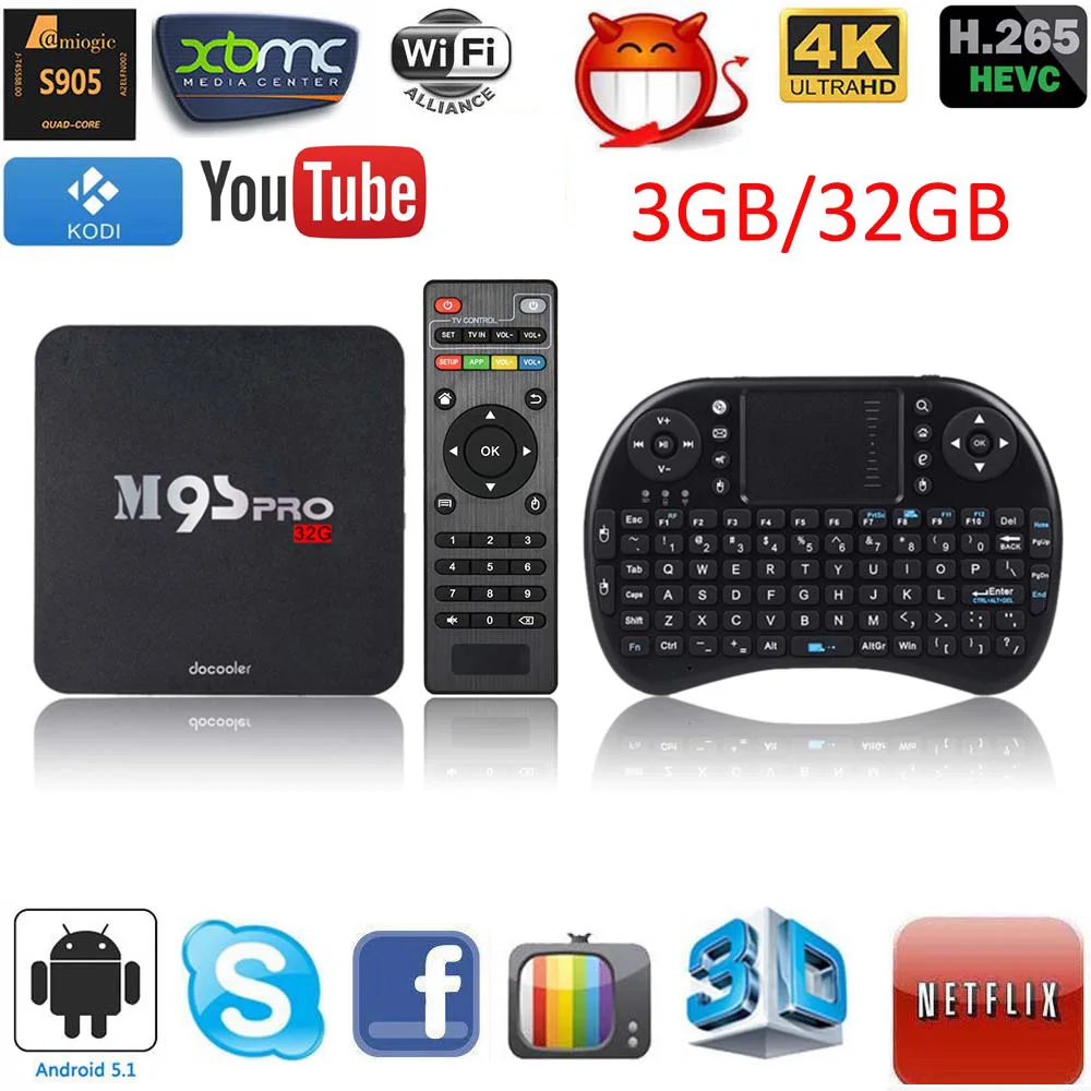  M9S-PRO Smart Android 5.1 TV Box KODI Amlogic S905 Quad Core 64bit 4K 3GB RAM 32GB ROM WiFi H.265 + 2.4G Wireless Keyboard Mouse 