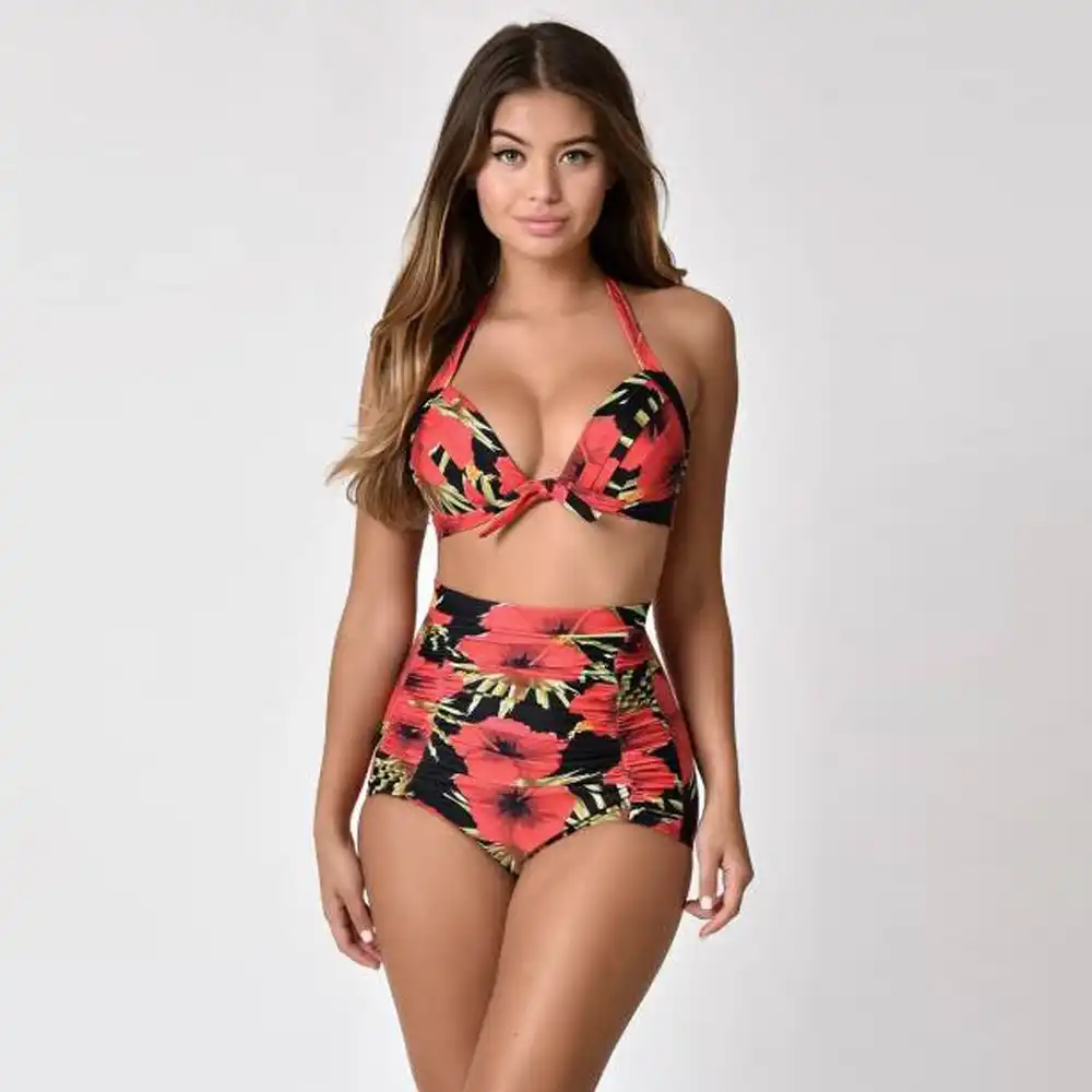 red high waisted two piece swimsuit