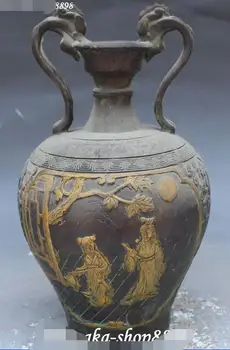 

11" Marked Old Chinese Bronze Gilt Ancient Belle Man Flower Vase Bottle Vases