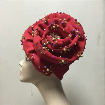 

Auto gele cap with beads party african headtie nigeria turban headband already tied head wraps cap-LP30