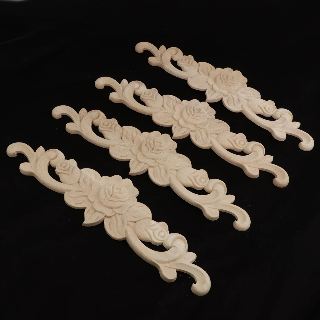 4x Wood Carved Long Onlay Applique Unpainted Rose Flower Door Decor