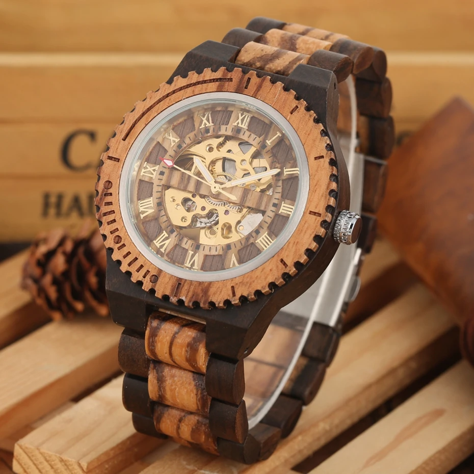 Retro Wood Watch Royal Gold Roman Literal Mechanical Watches Men's Top Luxury Wooden Bangle Watch montre homme automatique reloj