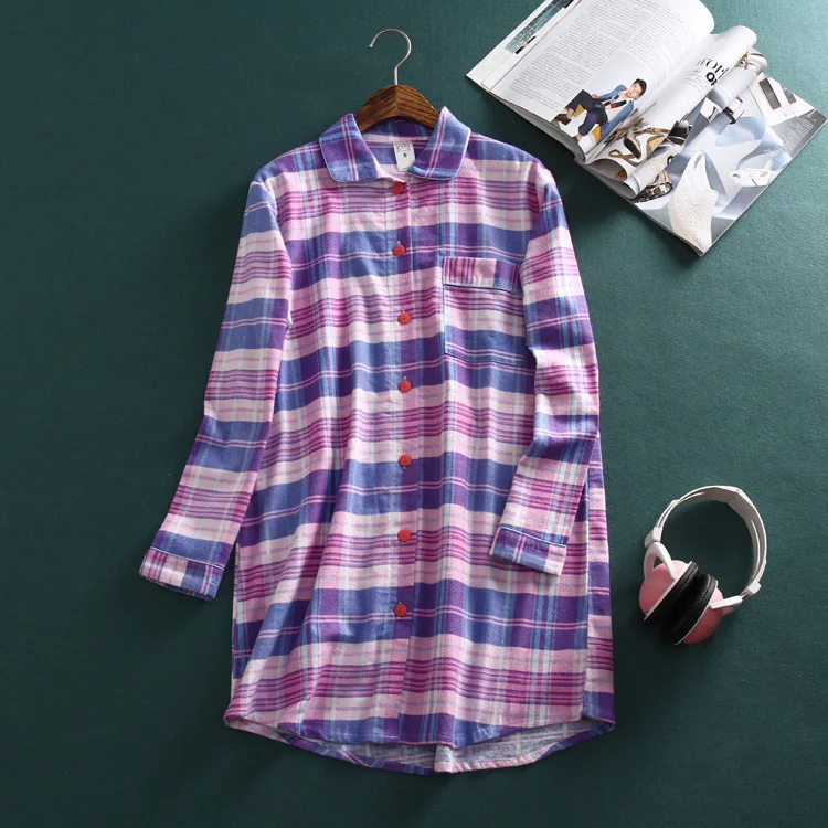 

Plus Size Women Sleepwear Long Sleeve Nightgown Cotton Household Clothes Plaid Sleeping Dress Sleep Wear Sleepshirts Night Shirt