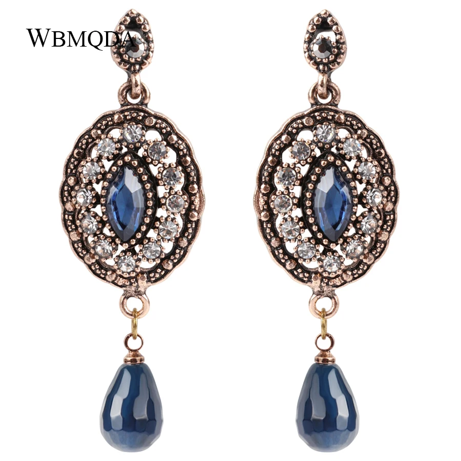 

Hot 2018 Ethnic Blue Natural Stone Drop Earrings For Women Bohemian Jewelry Antique Gold Crystal Long Earrings Party Accessories