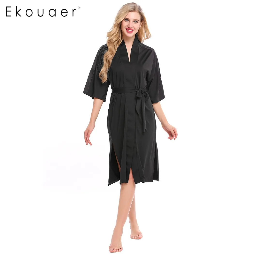 

Ekouaer Women Sleepwear Robes Casual V-Neck Patchwork Split Hem Long Robe Dressing Gown Bathroom Spa Robes Female Nightwear