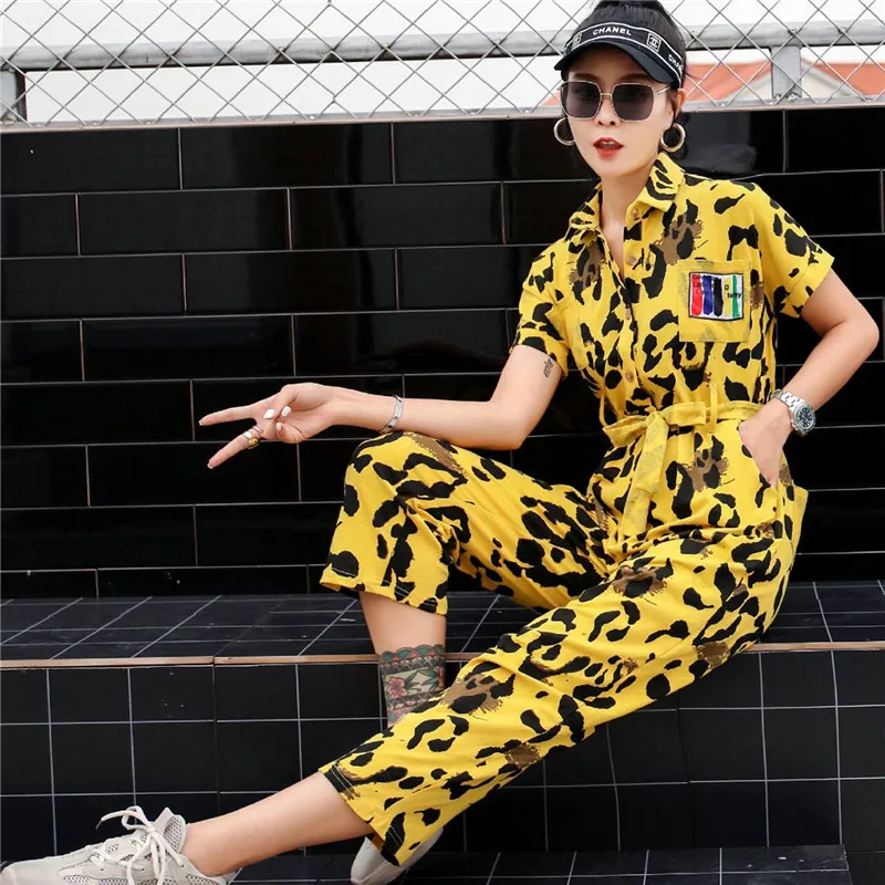 

Tide brand women's casual pants female 2019 new personality leopard print hip hop t-shirt jumpsuit trousers summer