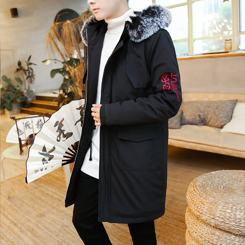 Coton rembourré Capuchon Manteau Chaud Hiver Mode Noir À De Broderie Épaissir Thermique Fourrure Hommes Parkas Dragon Casual Vêtements Veste 45jAL3Rq