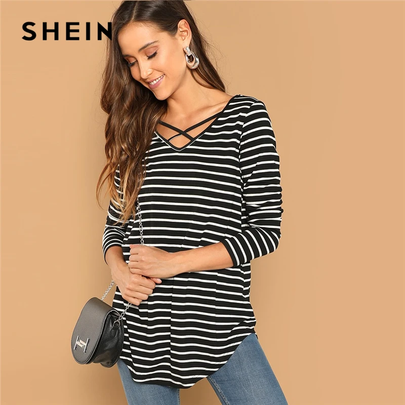 High Neck Cross Straps Striped T-Shirts