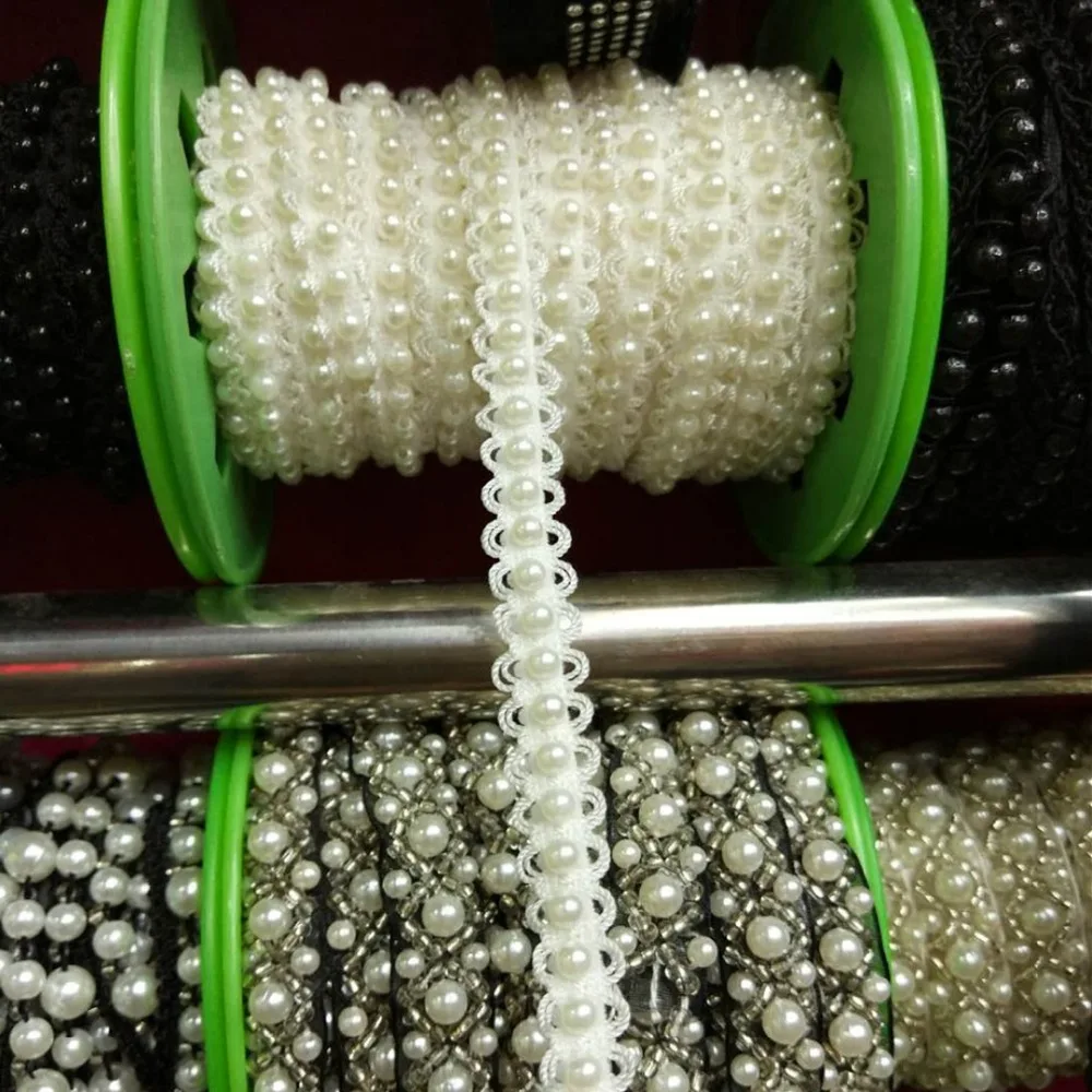 

1yard Beaded Pearl Black beads Stretch lace White Trimming Beaded Elastic Lace Ribbon Applique Sewing renda For Wedding Dress