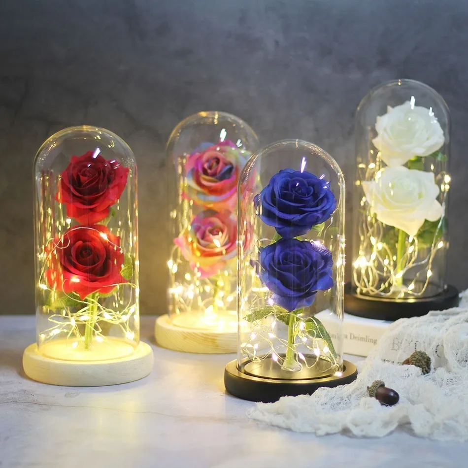 

Romance Artificial Flower Glass Cover Beauty And Beast Two Rose Led Battery Lamp Birthday Valentine's Day Mother Gift Home Decor