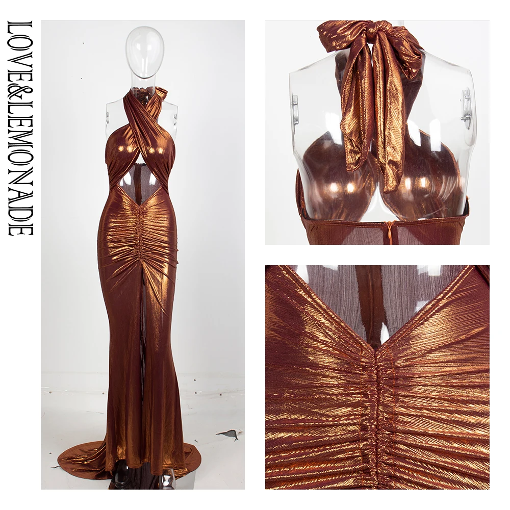 Женское блестящее платье Love&Lemonade, длинное коричневое платье из ткани с блестками на завязках крест-накрест, модель LM81751