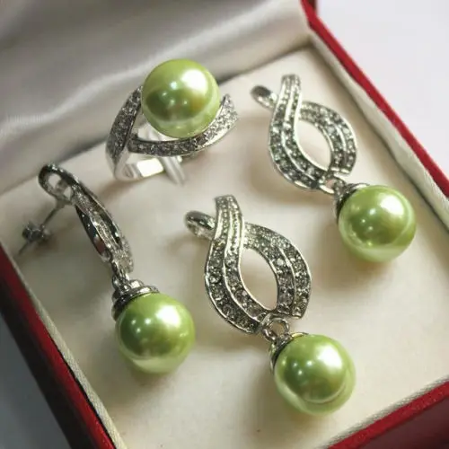 

ddh001100 1Set AAA 12mm Green Shell Pearl Pendant Necklace Earrings Ring Set