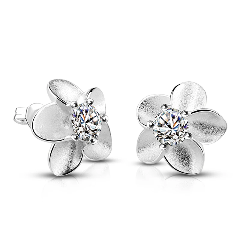 

Free shipping girl zircon silver earrings, solid silver earrings, beautiful flowers women solid 925 sterling silver earrings