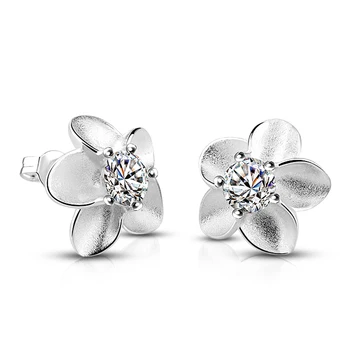 

Free shipping girl zircon silver earrings, solid silver jewelry, beautiful flowers women solid 925 sterling silver earrings