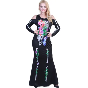 

Halloween Purim Carnival Clothing women cosplay Color Skeleton Print Black Maxi Dress Maternity Costume Adult