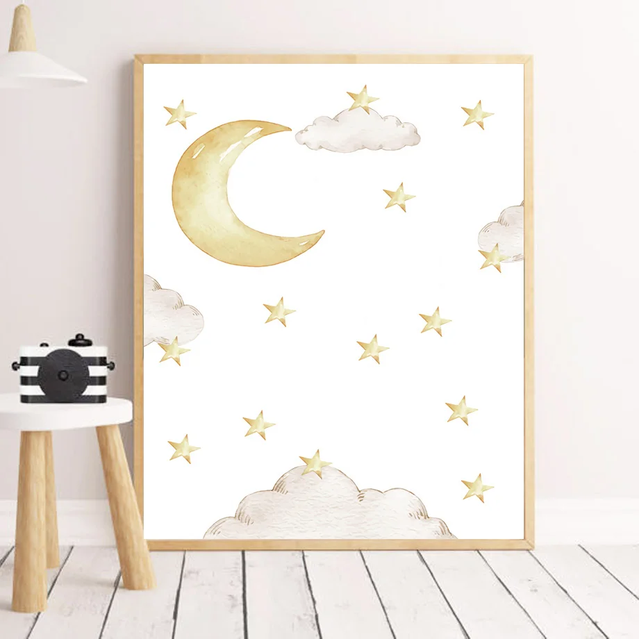 Картина на холсте с изображением слона, звезды, Луны, облаков для детской комнаты, скандинавские плакаты и принты, настенные картины, декор для детской комнаты