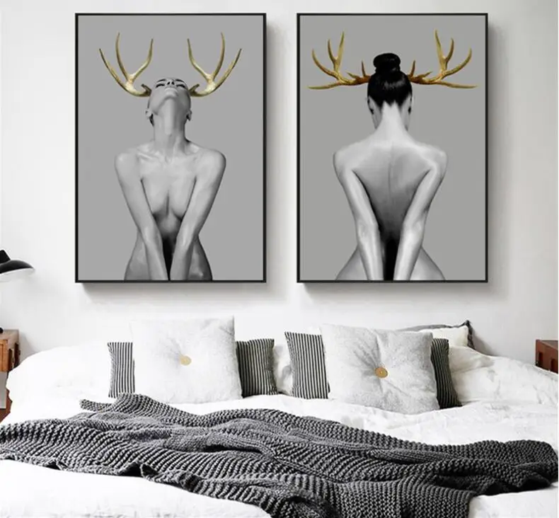 

Golden Antlers Woman Model Abstract Canvas Painting Posters Fashion Sexy Beauty Art Print Poster Wall Picture for Home Decoratio