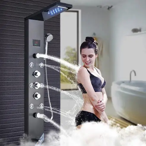 

LED Stainless Steel Bathroom Rain Mixer Shower Shower Panel Tower Tap Shower Column Waterfall Rainfall Head