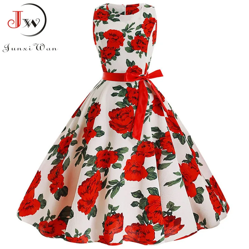 

Summer Floral Print Vintage Dress Women Sleeveless Elegant Party Dress White Vestidos Robe Femme Casual A line Office Sundress