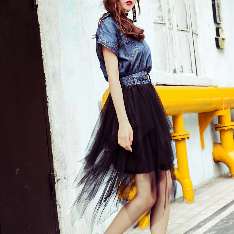 Тюлевое джинсовое Сетчатое платье с поясом, новинка, женское тонкое платье с открытыми плечами, высокая талия, специальный дизайн, бандаж LT117S30