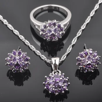 

2020 New Jewelry Sets Purple Crystal Women's Silver Color Earrings Pendant Necklace Rings Bridal Engagement Jewellry QZ0227