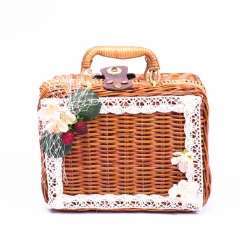 

Summer Japanese Girl Lace Flower Handbag Rattan Bag Holiday Photograph Straw Box Bag Shoulder Bag
