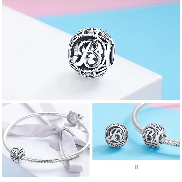 Fit Pandora браслет стерлингового серебра 925 полые 26 Английских Букв шармы; аксессуары DIY бусины для изготовления бижутерии