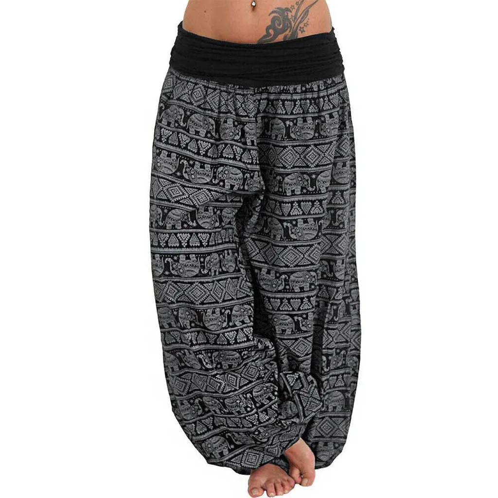 Summer Plus Size Pants Women Ladies Casual Bohemia Printed Pockets Trousers Band Wide Leg Loose High Trousers Harem Pants 5xl wide leg trousers Pants & Capris