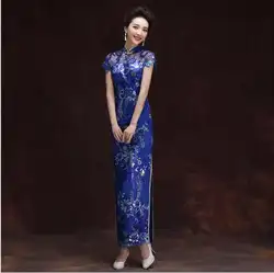 Новинка 2017 года Для женщин синий Банкетный Длинные Cheongsam Высокое качество китайский Qipao для платье Женский костюмы для шоу