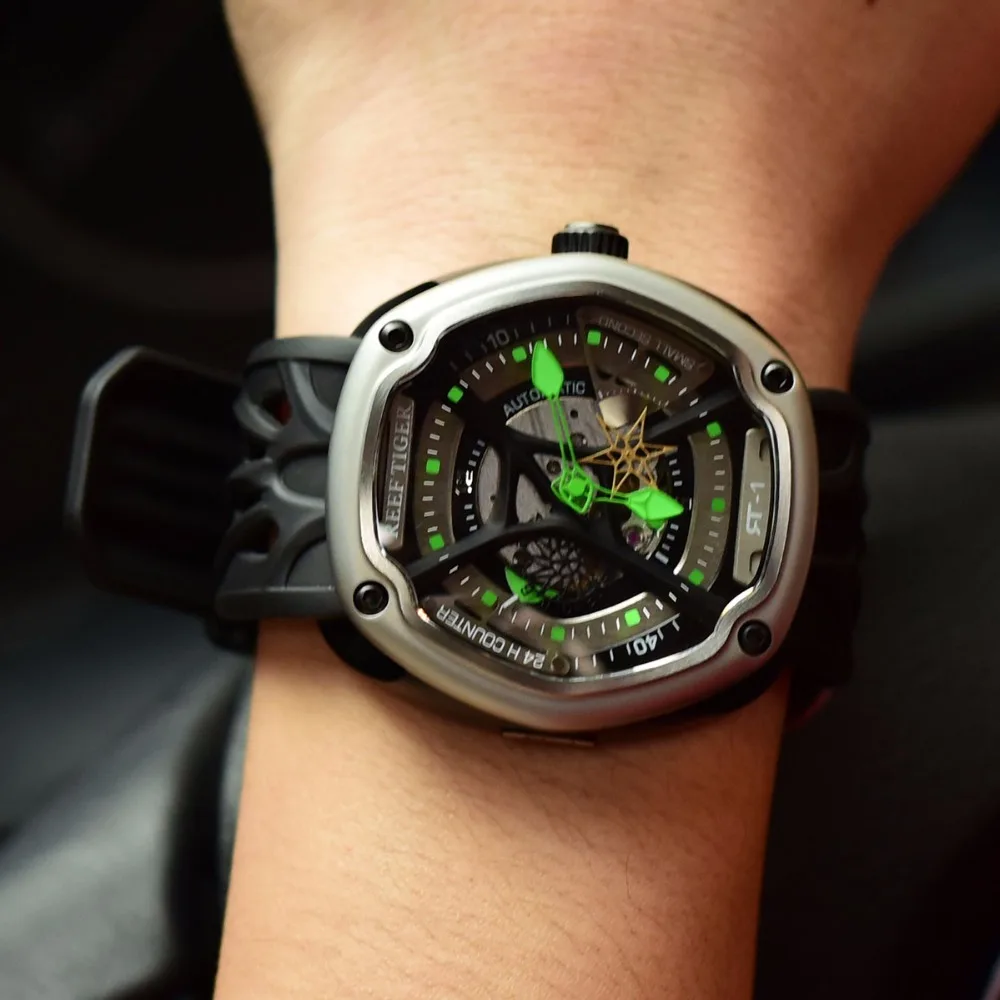 Часы Reef Tiger/RT RGA90S7 автоматические светящиеся часы в реальном времени для дайвинга