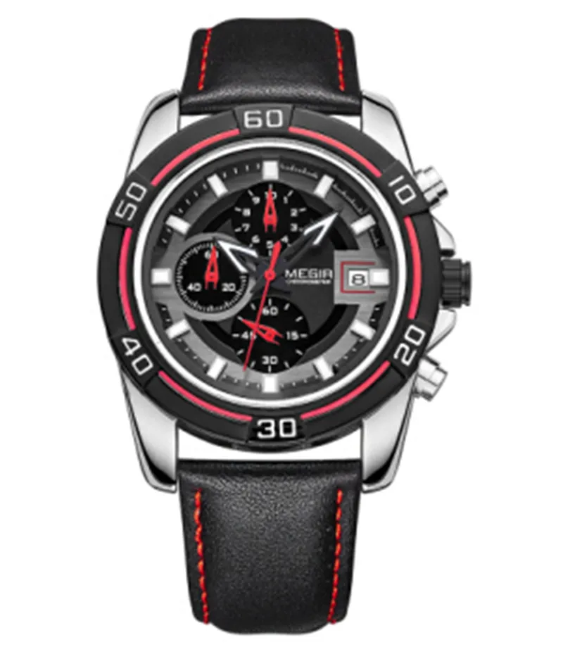 Megir бренд класса люкс кварц-часы для Для мужчин Спорт Часы кожаный ремешок Водонепроницаемый кварцевые часы мужской Наручные часы Montre Homme - Цвет: black black