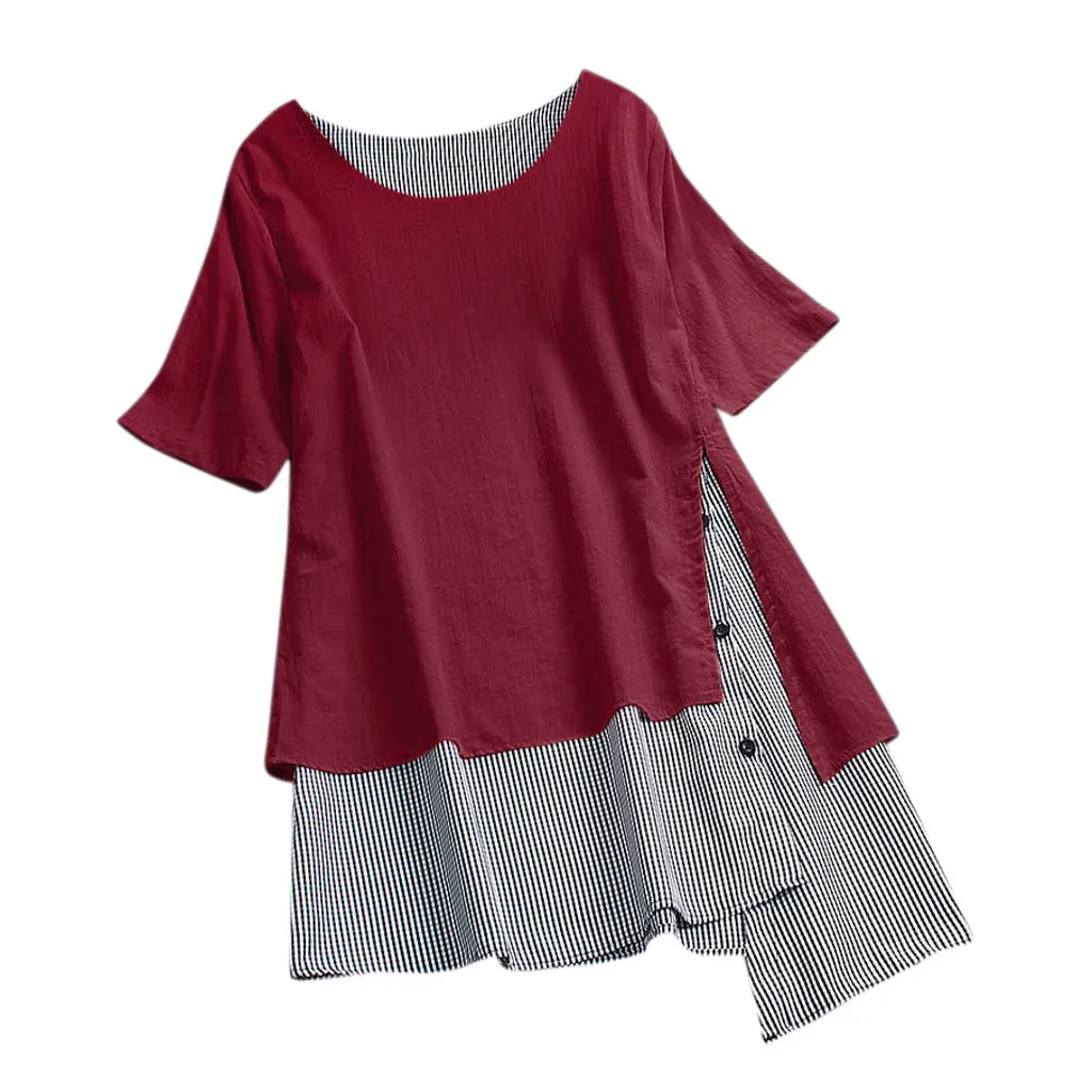 

YOUYEDIAN Cotton Linen Solid Stitching Button Blouse For Women Casual Irregular Tunic Shirt Fashion O-Neck Short Sleeve Shirt